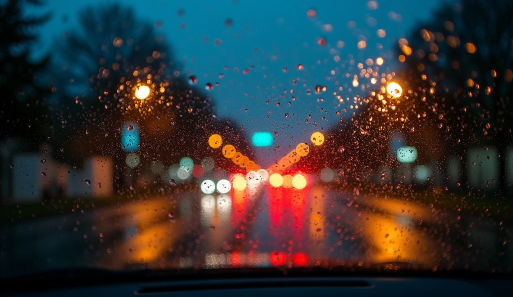 best quality, The rainy night streets seen through the car window, shower, Raindrops running down the window pane