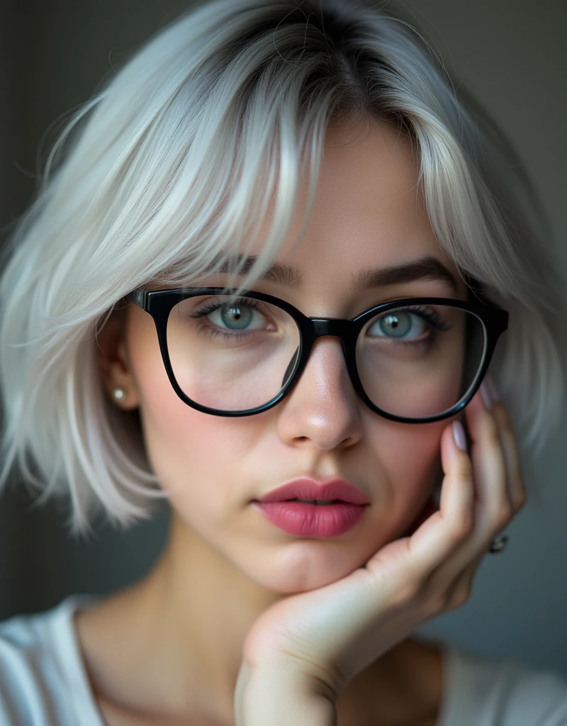 (RAW photo, best quality, masterpiece: 1.2), (photorealistic: 1.4), best lighting, 20 years old, (light gray hair, short bob cut, hair in 7 thirds, hair over one ear, Symmetrical eyes, solo, Detailed Skin, :1.2), Close-up of face, angled, black-rimmed glasses, pink lipstick, gloss, hand on face, cheek, mouth slightly open, stylish photo,