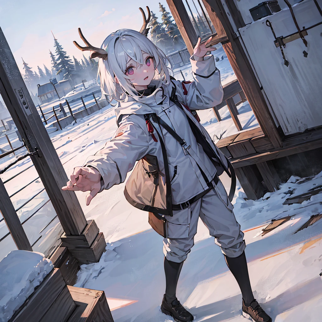 white hair boy,crimson eyes,deer antlers on the head with cracks that light up with sky blue while it is in the snow with a sunrise