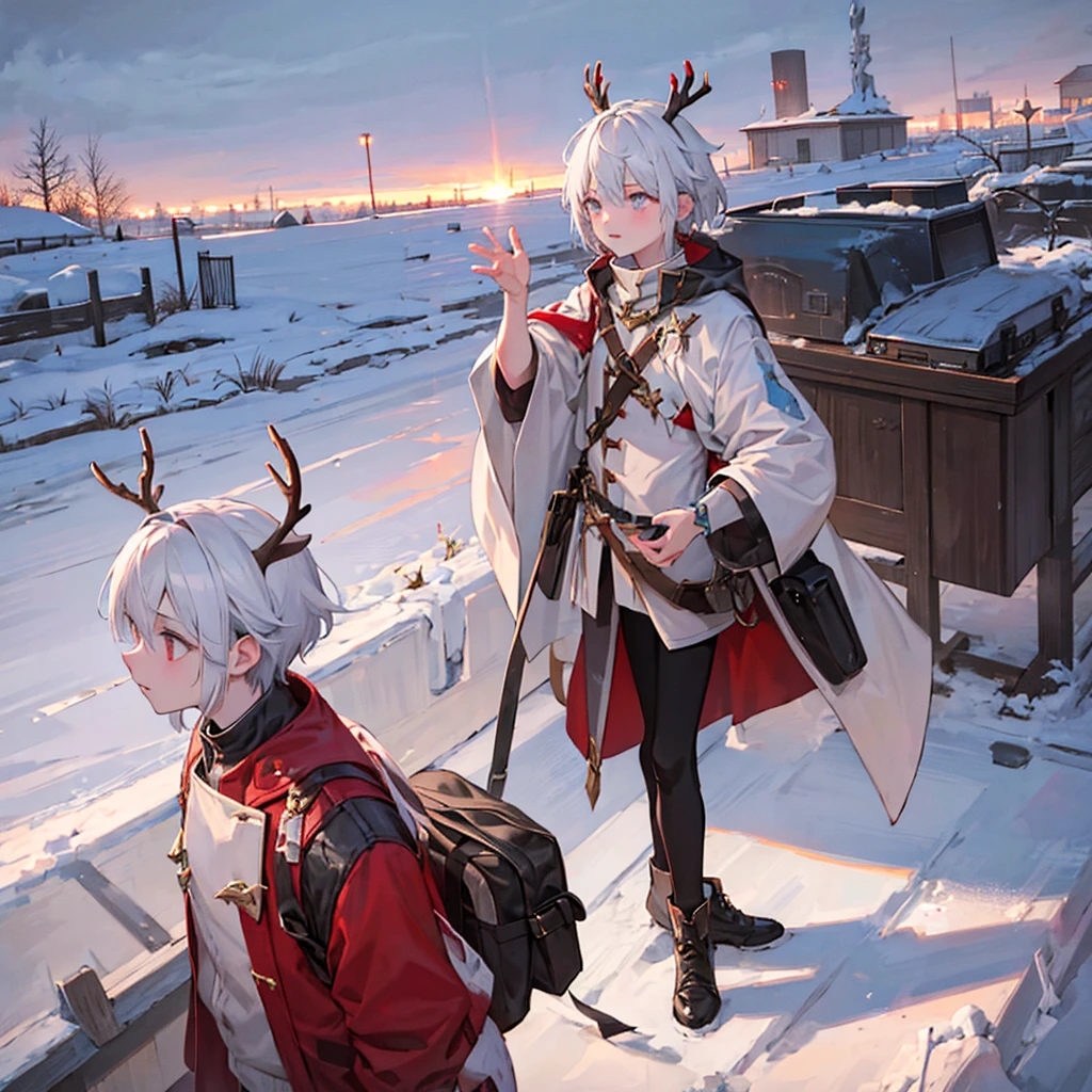 white hair boy,crimson eyes,deer antlers on the head with cracks that light up with sky blue while it is in the snow with a sunrise