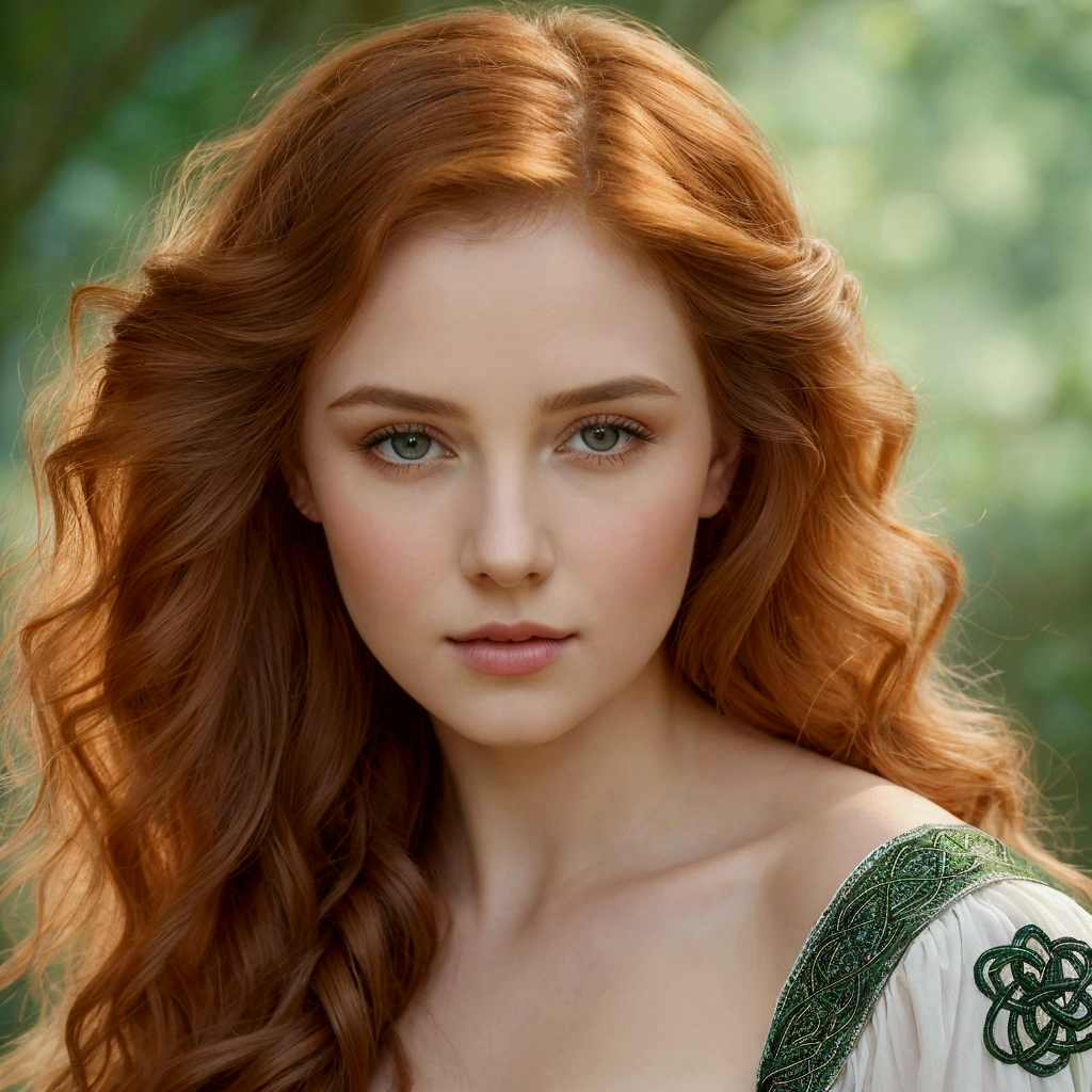 A breathtaking Celtic woman, elegantly in a verdant forest, seen full length, wearing a short flowing white dress adorned with intricate silver embroidery and delicate Celtic knot patterns. Her long, wavy hair cascades down her shoulders and she wears white stockings with subtle lace details. The background is filled with ancient stone ruins and vibrant wildflowers, bathed in soft, ethereal sunlight. The scene has an enchanting, almost mystical quality reminiscent of classical painting styles such as Pre-Raphaelite art, emphasizing beauty and nature in harmony.