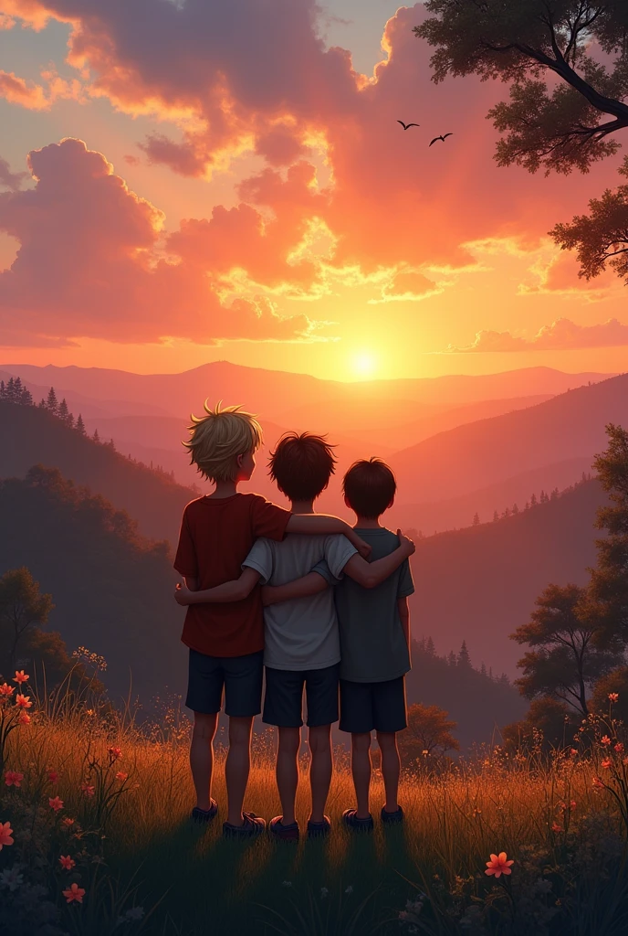 Landscape of a sunset and 3 brothers watching the sunset with their backs turned and hugging