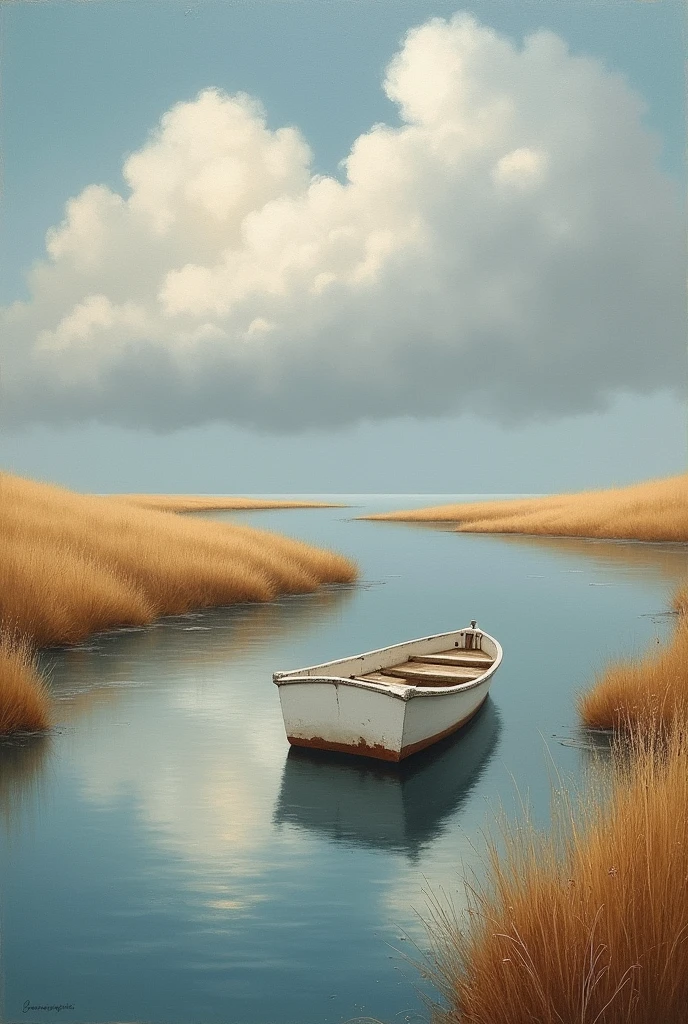 A painting of a small white boat surrounded by dry vegetation and a cloudy sky
