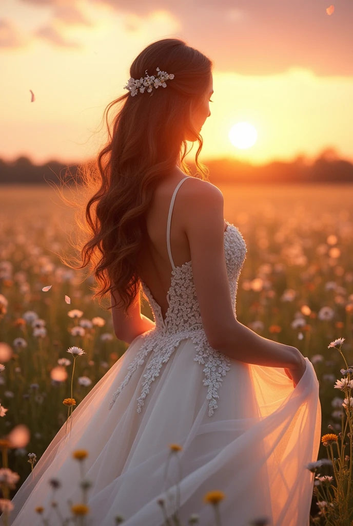 Bride with white skin, brown eyes and long wavy brown hair in a princess dress in a field