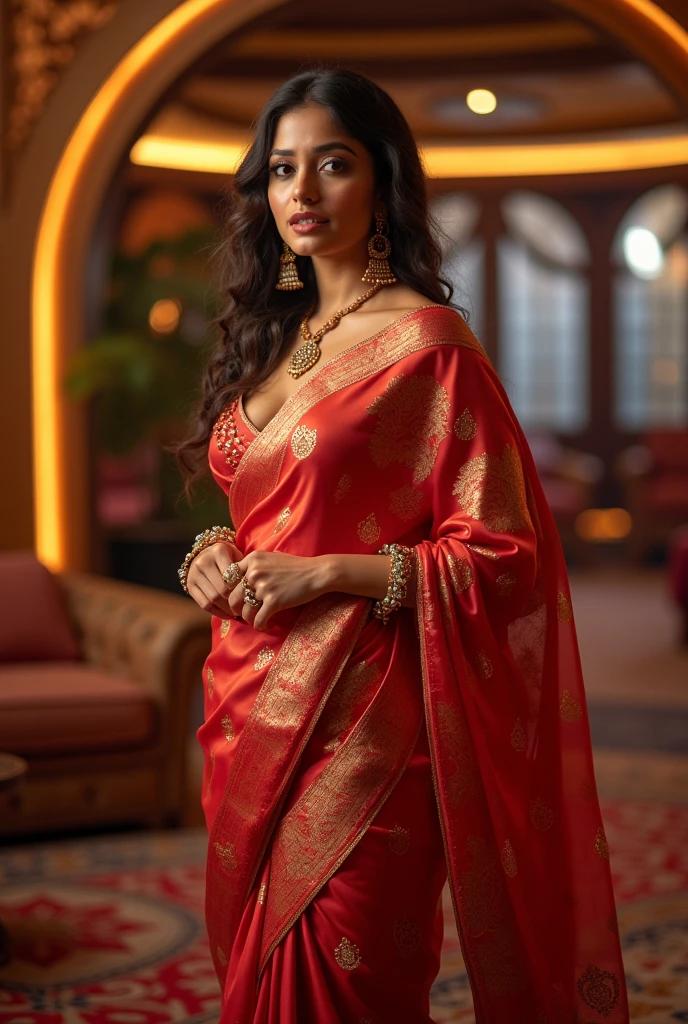 Wearing a sexy satin saree with strapless silk Bra, sexy Indian bigg boss housewife,