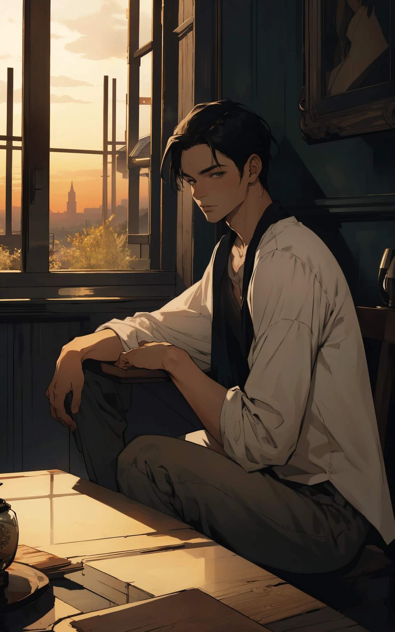 man, abs, male, male face, attractive, thin, ((1man)), masterpiece, sitting, cool pose, steampunk clothes, absurd details, best quality, intricate details, (shiny skin, shiny body, bright skin,, bright hair, pale skin tone), old castle, sunset, attractive, adult, one, don't look at the sight, don't look at the view, don't look at the view, short black hair, perfect detailed face, perfect detailed hands, blue eyes, ((MLS)), medium large outbreak