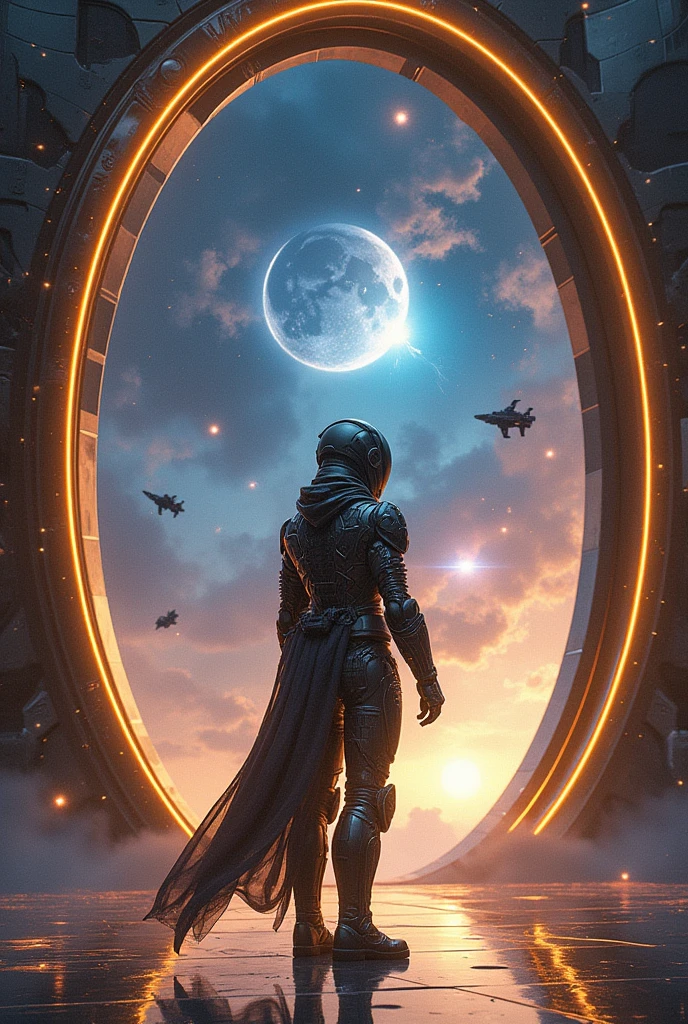 Warrior in futuristic star suit in front of three-dimensional door with shiny gold ring sky with futuristic ships moons and stars