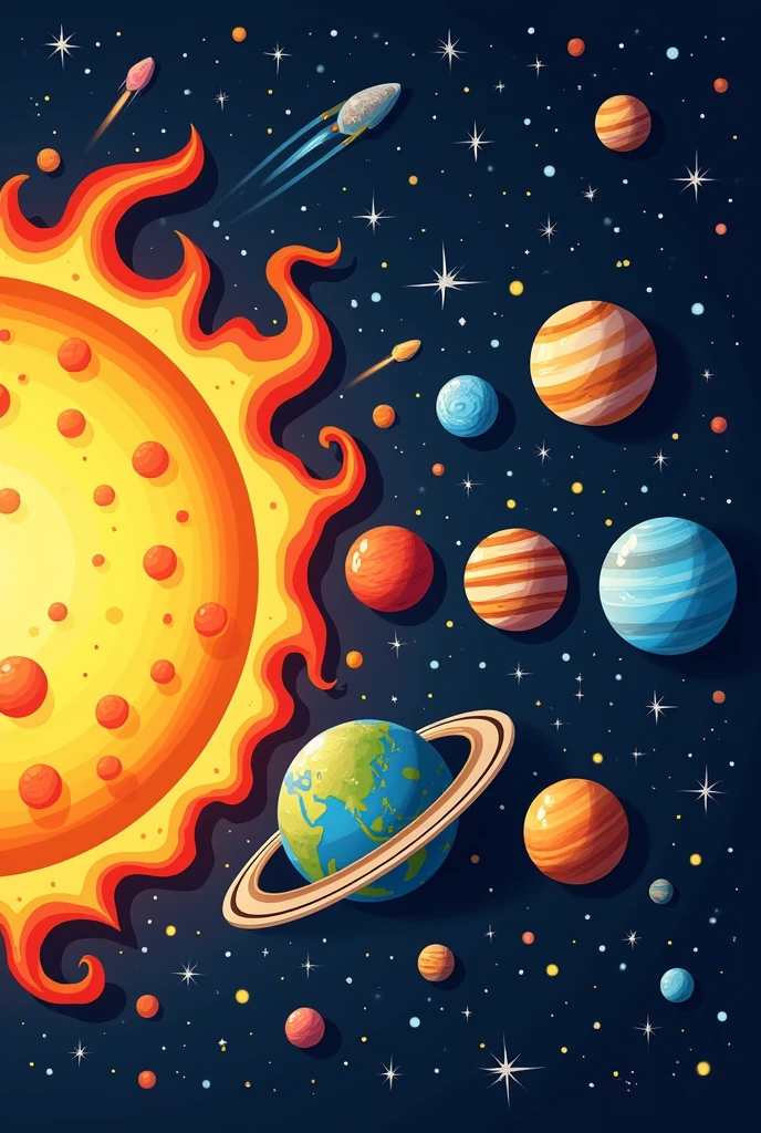 "Generate a vibrant, cartoon-style depiction of the Solar System. The scene should include all the planets in their correct order from the Sun, each with exaggerated and colorful features. The Sun is bright and glowing in the center, with large, playful flames. Mercury is small and rocky, Venus has a thick, swirling yellow atmosphere, Earth is blue and green with visible clouds, and Mars is a bright red. Jupiter is the largest, with its iconic Great Red Spot, and Saturn has wide, bold rings. Uranus and Neptune are shades of light blue, with Neptune showing faint, cartoonish rings. The background is a dark space filled with twinkling stars and a few whimsical comets. The overall mood is playful and educational, making the Solar System look fun and approachable."