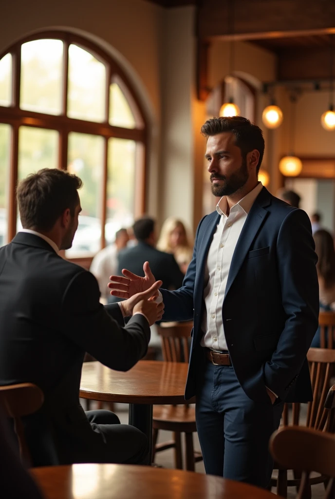A man posing to reject a man's invitation