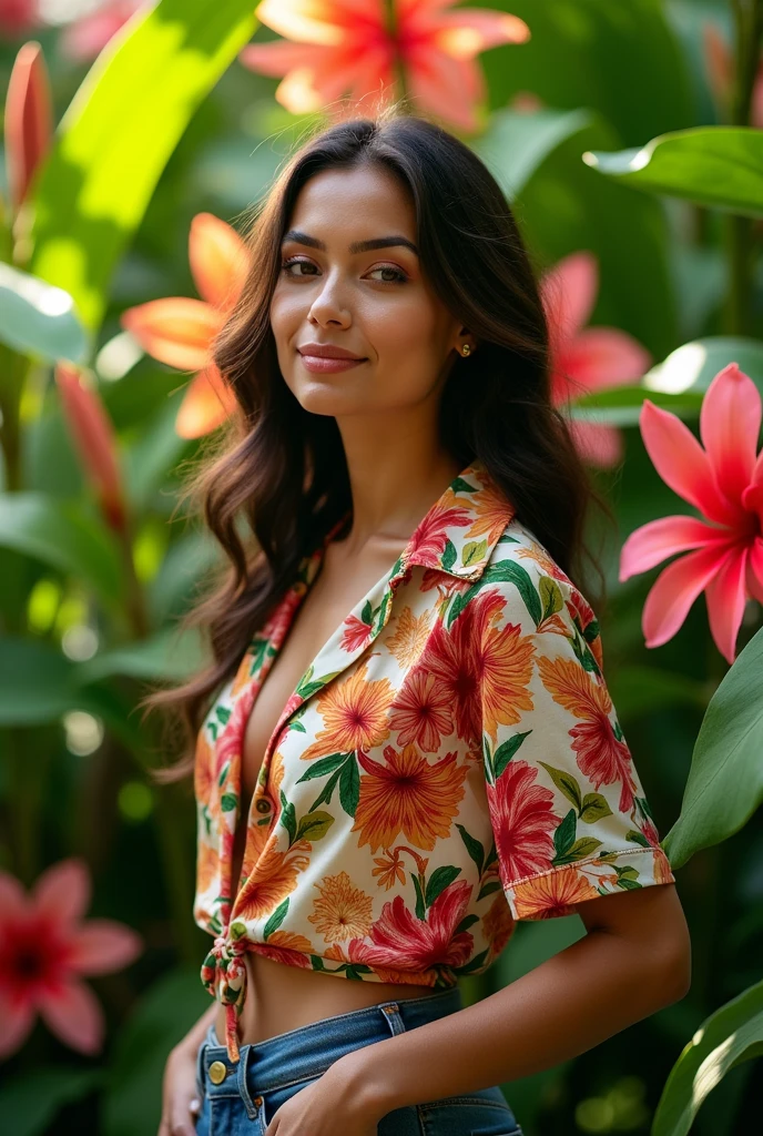 A Brazilian woman in a lush tropical garden, wearing an open shirt with a floral print, with a close-up capturing the harmonious beauty between her breasts and the natural flowers, showing off your natural charm and outgoing personality. big boobs and penis sucking sample