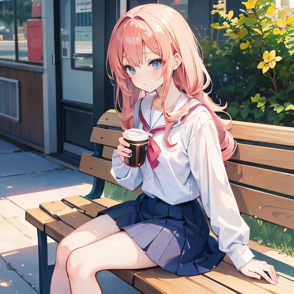 anime girl sitting on a bench with a cup of coffee, cute anime girl, anime style illustration, soda themed girl, beautiful anime high school girl, a hyperrealistic schoolgirl, anime girl, young anime girl, beautiful anime girl, anime girl drinks energy drink, anime style 4 k, digital anime illustration, retro anime girl, anime visual of a cute girl