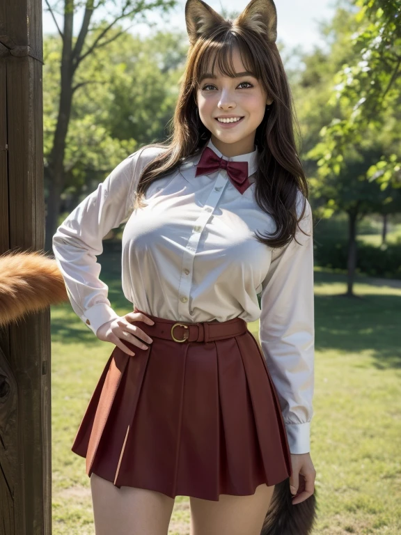 ((Highest quality, 8k)), ((masterpiece)), (Highest Resolution), Perfect Face, Fox Woman, Female college student, Beautiful woman, Outdoor, One tail, she has thick thighs, Her large tail, She has a red fox tail., She wags her tail, Smiling with teeth showing, Fur collar, She is wearing a short skirt, Big Breasts, Beautiful Hips , A fox tail sticks out from the skirt.