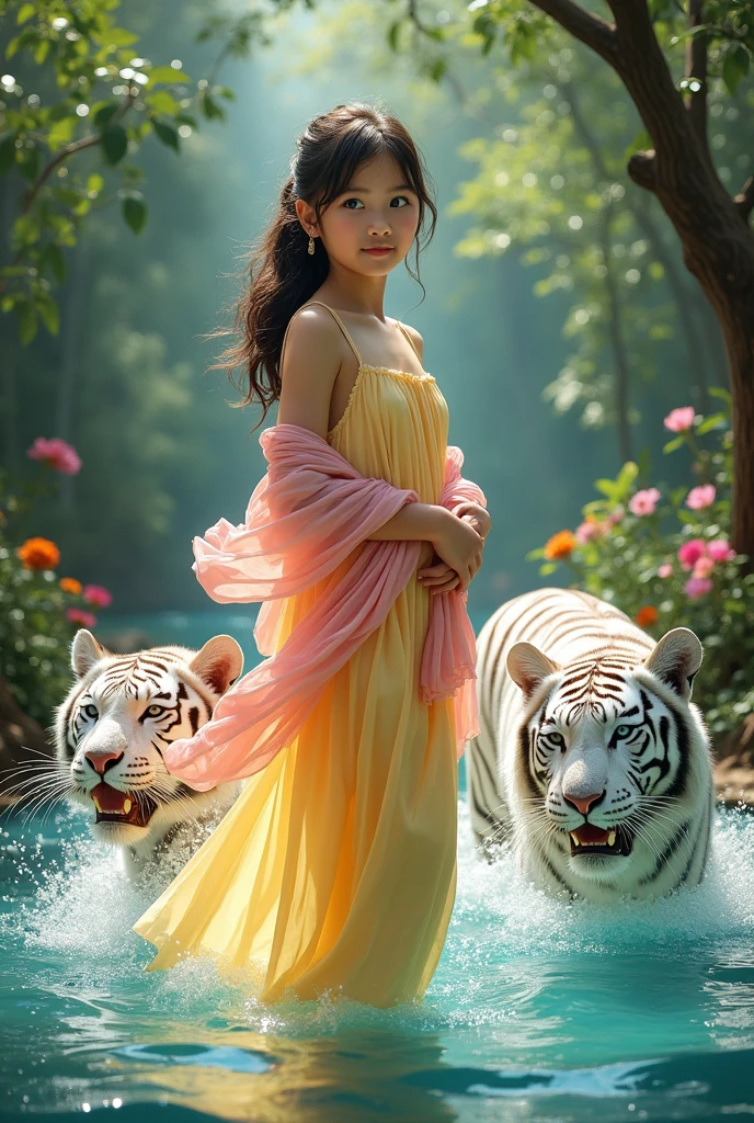 full lenght a full-body picture of a young girl, beautiful and sweet, in a flowing light yellow Thai dress, a pink shawl over her shoulders, and two large, fearsome, magnificent, beautiful white tigers with sea-blue eyes, playing in a small pool of water until the water splashes, in a tropical forest, a refreshing atmosphere, amidst the beauty of a small field of colorful flowers around a clean, beautiful pool, glowing with sparkling light, 3D picture, oil painting, sharp picture, art picture of Professor Chalermchai