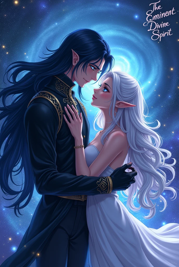 put the name: (The Eminent Divine Spirit), written in the drawing. Create a character, masculine (ten mens) with traces of Japanese ANIME style drawing, IN a cosmic environment, long black hair with a cobalt blue streak in one hair, cobalt blue eyes. holding/Embracing a busty adult elf with silver hair.