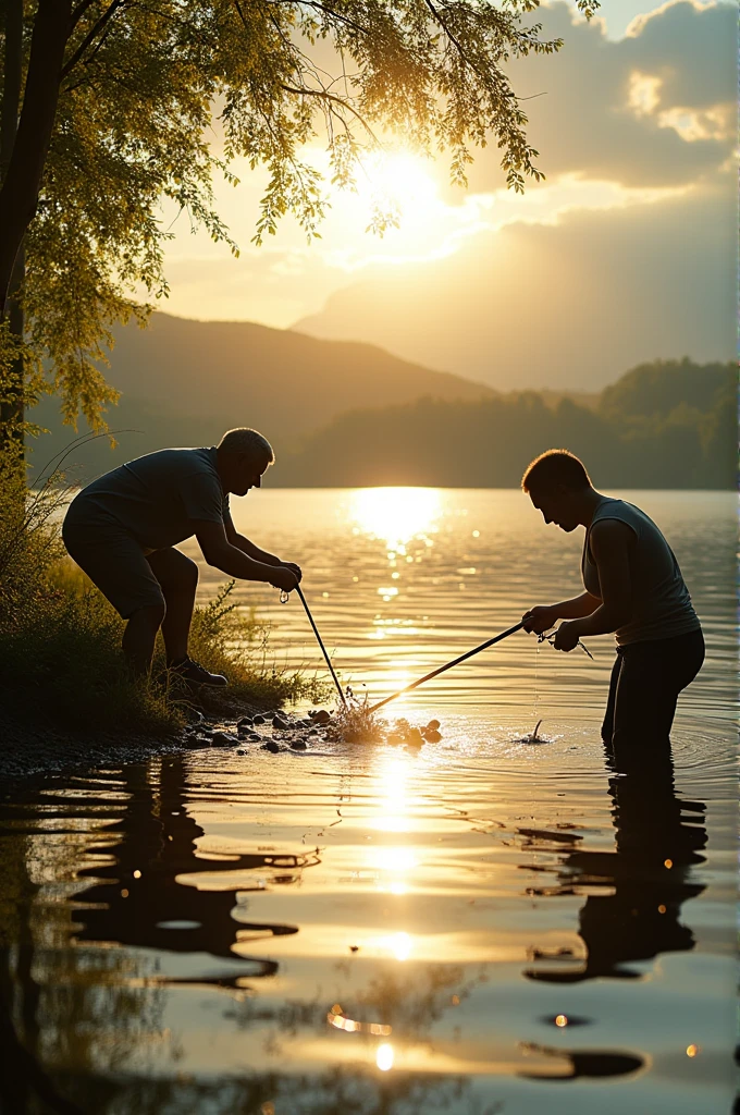 One person fishing for trash and the other looking for fish