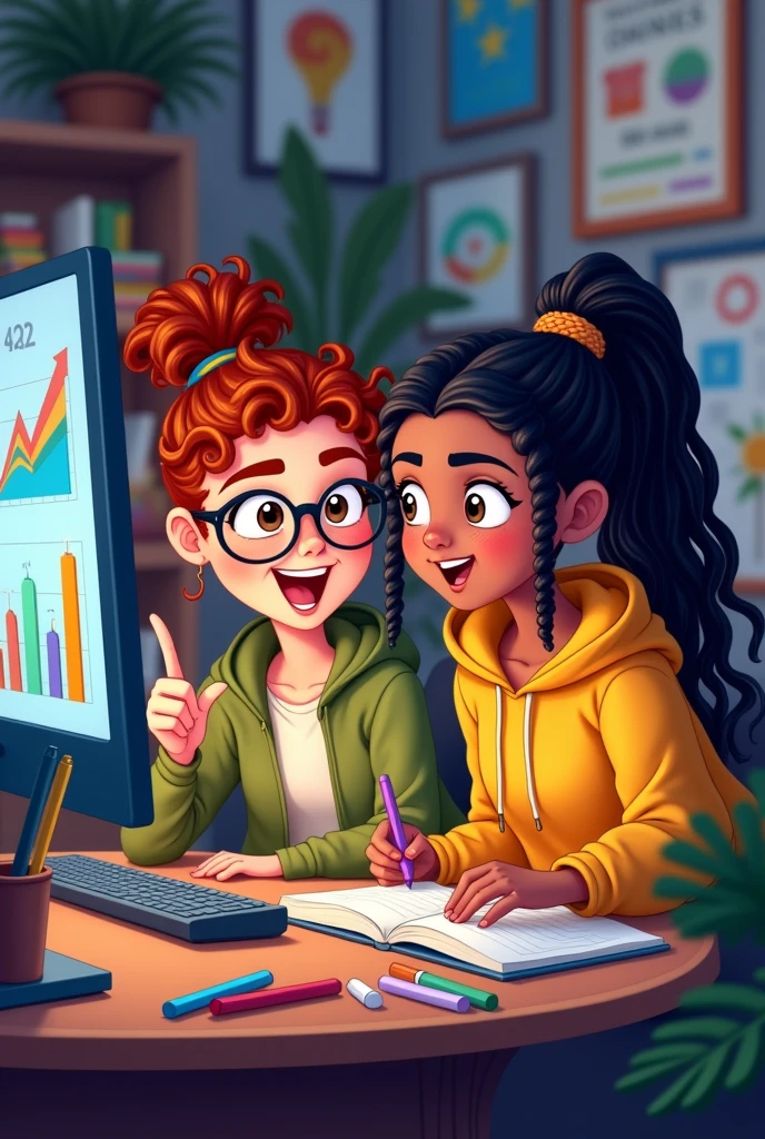 Two animated girls next to a computer analyzing graphs 