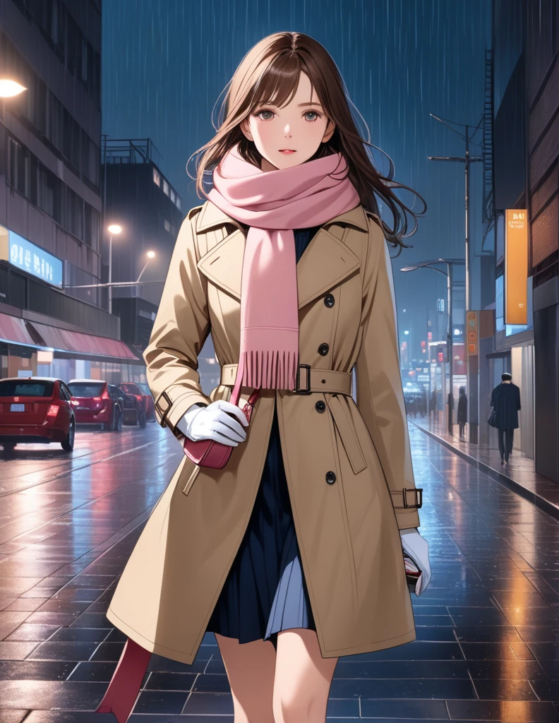 Masterpiece, hd, 1girl with long brown hair wearing a fully buttoned up closed and beige belted buckle knee-length trench coat with a tucked up large pink winter wool scarf and white gloves carrying her large pink purse blown by the hard wind at the hard rainy night city street full body 8k)