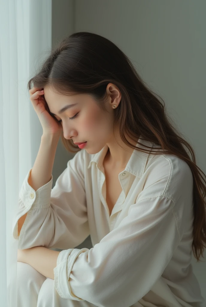 Young woman sitting with her hand on her head, head down, sad and eyes closed, light background.