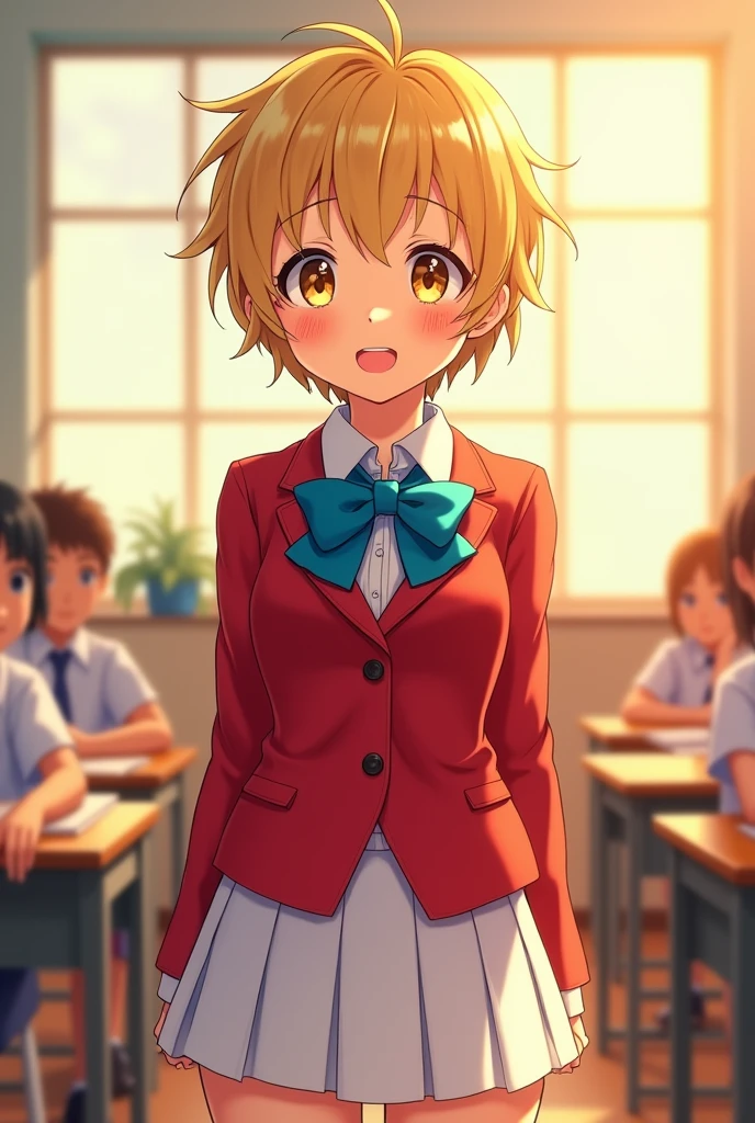 Messy hair, short blonde hair, (yellow eyes:1.3),
BREAK bow, school uniform, jacket, bowtie, blue bowtie, blazer, (red blazer:1.5), skirt, white skirt,
BREAK indoors, classroom,
BREAK thinking, smiling gently at viewer, (cowboy shot:1.5),
BREAK (masterpiece:1.2), best quality, high resolution, unity 8k wallpaper, (illustration:0.8), (beautiful detailed eyes:1.6), extremely detailed face, perfect lighting, extremely detailed CG, (perfect hands, perfect anatomy), lighting from the back windows