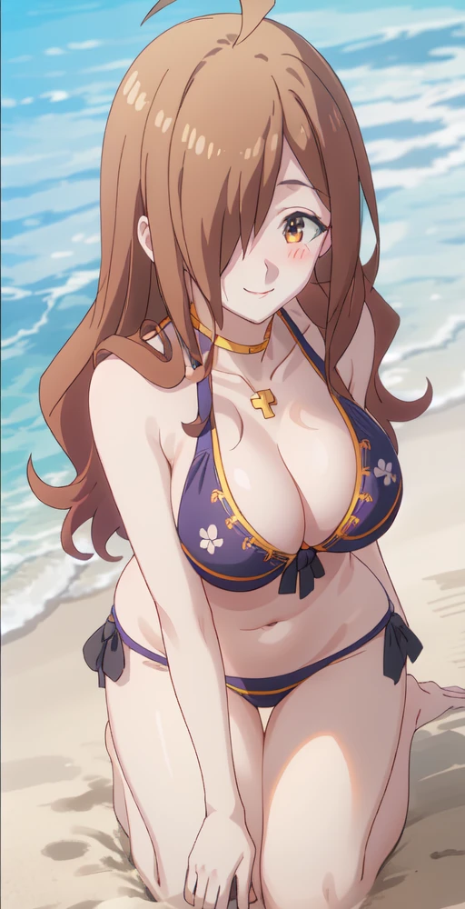 Wiz, 1girl, 独奏, portrait, smile, ahoge, sidelocks, looking at viewer, hair over one eye, big breasts, blushing, (white and gold Gorgeous embroidery  bikini), ocean, kneeling on beach, sunny, perfect quality, good quality, masterpiece, HDR, uhd ,brown hair,masterpiece、Detailed Description