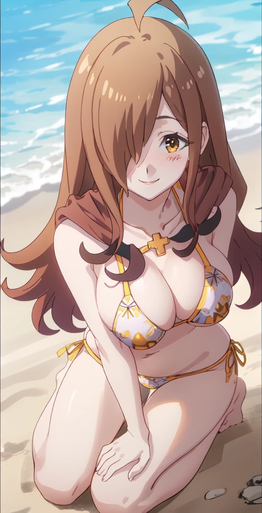 Wiz, 1girl, 独奏, portrait, smile, ahoge, sidelocks, looking at viewer, hair over one eye, big breasts, blushing, (white and gold Gorgeous embroidery bikini), ocean, kneeling on beach, sunny, perfect quality, good quality, masterpiece, HDR, uhd ,brown hair,masterpiece、Detailed Description