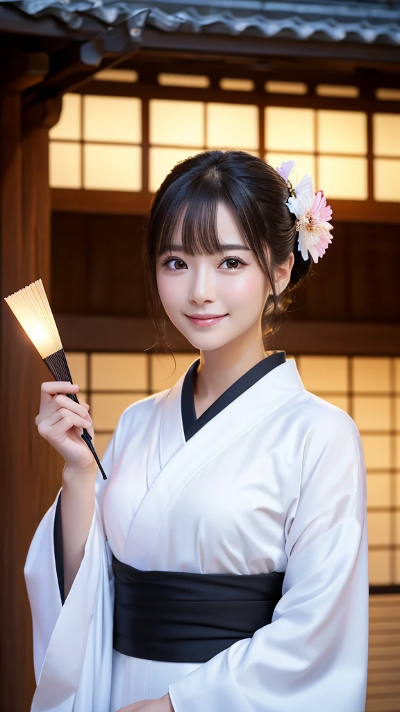 (Super beautiful woman in kimono)、((highest quality、8K masterpiece:1.3))、sharp focus:1.2、(super beautiful face:1.0)、(shiny skin:1.0)、realistic pictures、black hair、video lighting、High resolution eyes and face、video lighting、japanese actress、from the front、with a happy smile、whole body、wearing a kimono、in Kyoto、(luxury obi)、with a fan、Fireworks Display
