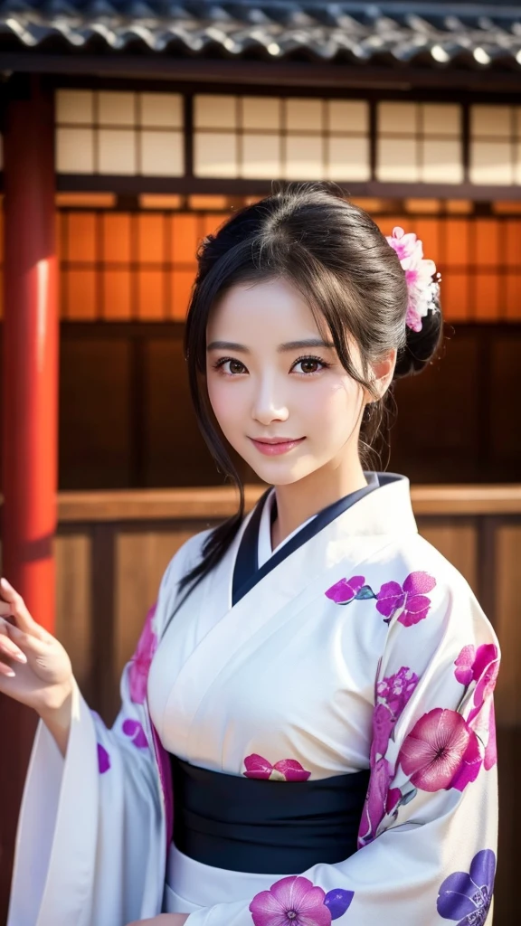 (Super beautiful woman in kimono)、((highest quality、8K masterpiece:1.3))、sharp focus:1.2、(super beautiful face:1.0)、(shiny skin:1.0)、realistic pictures、black hair、video lighting、High resolution eyes and face、video lighting、japanese actress、from the front、with a happy smile、whole body、wearing a kimono、in Kyoto、(luxury obi)、with a fan、Fireworks Display