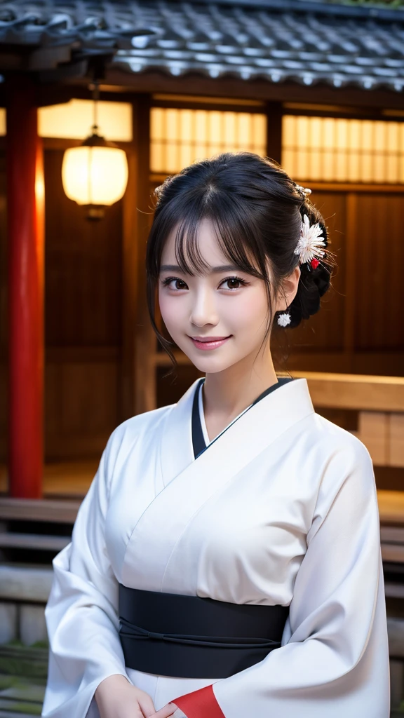 (Super beautiful woman in kimono)、((highest quality、8K masterpiece:1.3))、sharp focus:1.2、(super beautiful face:1.0)、(shiny skin:1.0)、realistic pictures、black hair、video lighting、High resolution eyes and face、video lighting、japanese actress、from the front、with a happy smile、whole body、wearing a kimono、in Kyoto、(luxury obi)、with a fan、Fireworks Display