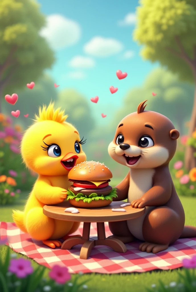 A chick and an otter eating hamburgers at a table, drawn as emoji