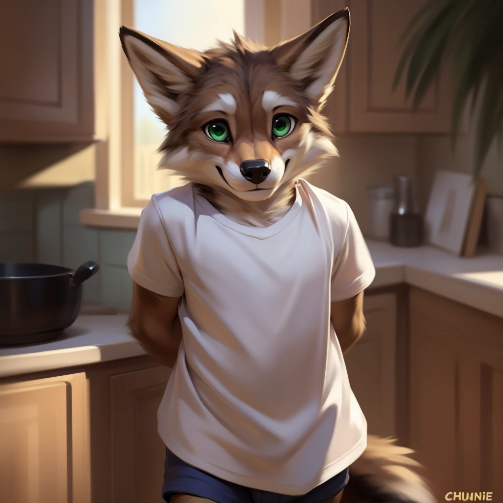 Coyote, Male, cub, Solo, baggy shirt, cut off shorts, nervous smile, shy, bashfull, hands behind back, fluffy tail, bright sunlight, young, cute, green eyes, kitchen background, small child, looking at viewer, toddler, (Photorealistic, Realistic shadows, depth of field, Wide Dynamic Field, Full Body view), (by null-ghost, by Chunie, by darkgem)