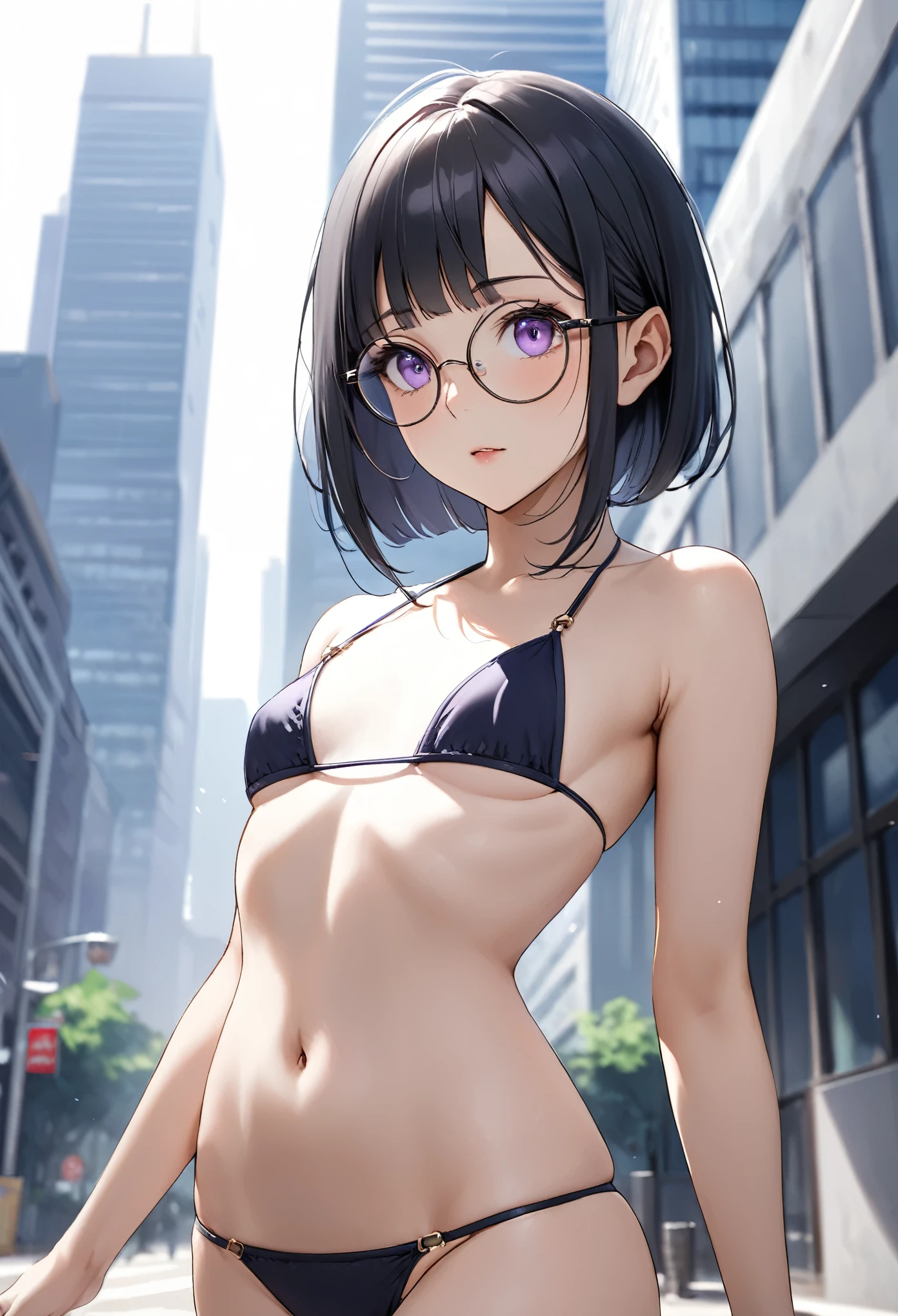 Highest quality、Best image quality、masterpiece、One adult woman、26 years old、Beautiful Eyes、black hair, purple eyes、bowl cut hair、(flat chest)、slender、Tight waist、Round Glasses、Micro Bikini, noon、Outdoor、cowboy shot, Walking、Natural light、Shallow depth of field、In the office district、skyscraper