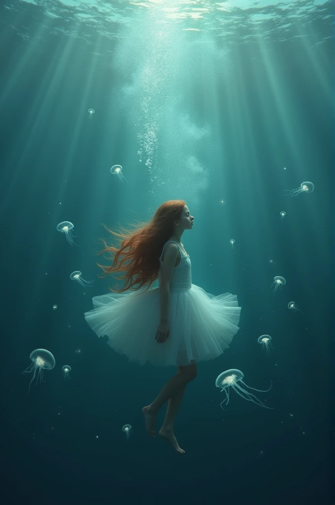 Make a picture of a girl, that she finds herself submerged in an ocean of memories and gets lost in the abyss of her soul. Hope fades like a whisper and death looms like salvation. realist
