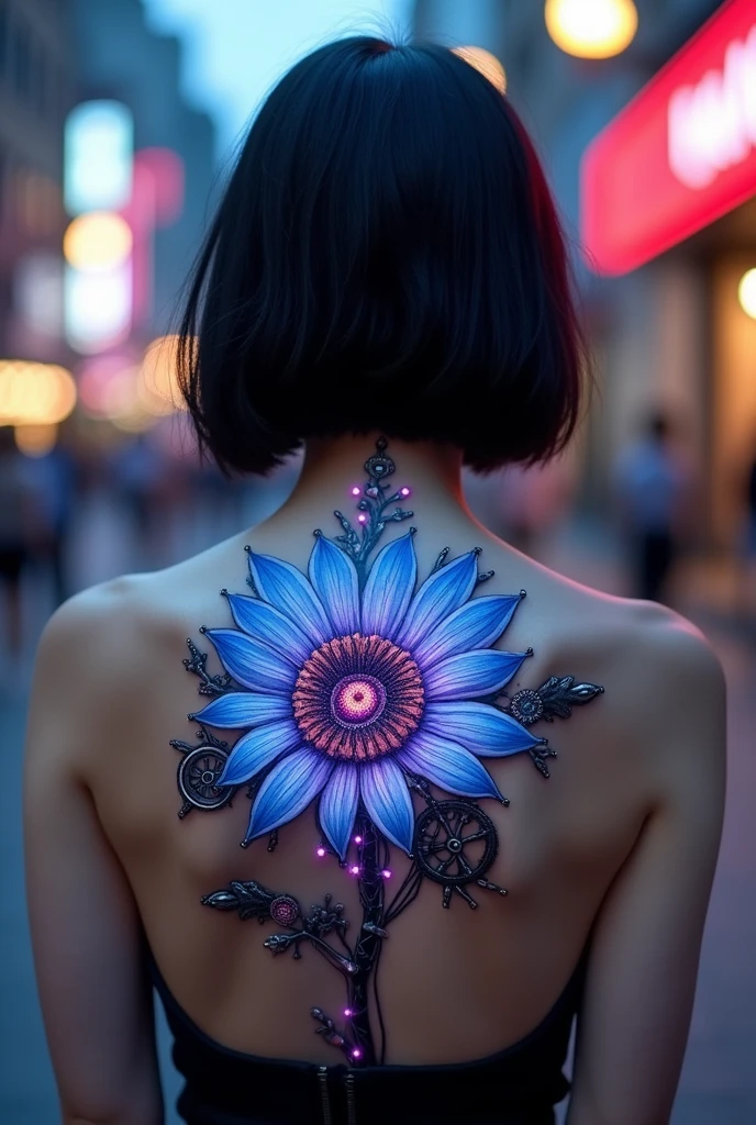 Illustrate an image of a cybernetic chrysanthemum tattoo on the back of a white woman with short black hair 