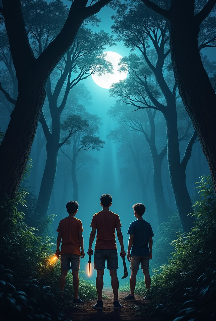 three boys holding flashlights and machetes, ready to explore a dark and scary forest .