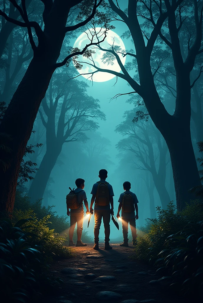 three boys holding flashlights and machetes, ready to explore a dark and scary forest .