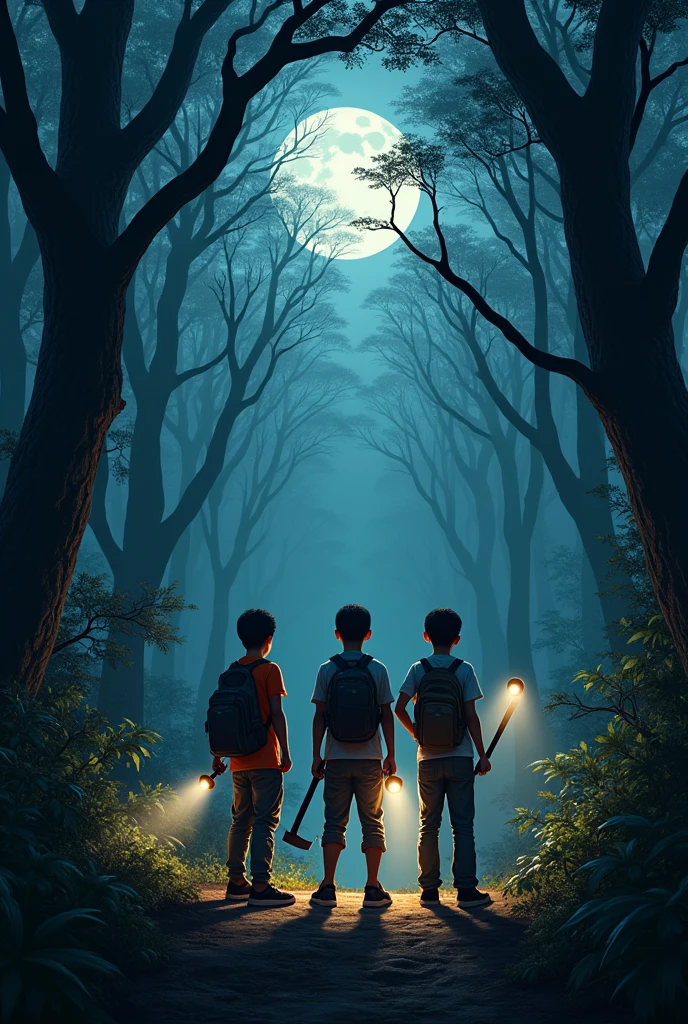 three boys holding flashlights and machetes, ready to explore a dark and scary forest .
