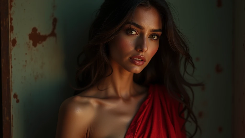 a beautiful mysterious Indian woman, Western fashion, intricate detailed face, piercing eyes, long eyelashes, delicate skin, natural beauty, flowing hair, candid elegant pose, dramatic lighting, cinematic mood, muted color palette, chiaroscuro lighting, high quality, photorealistic, 8k, intricate details, professional renderin red saree no bra big breast sexy pose sexy position full glamour
