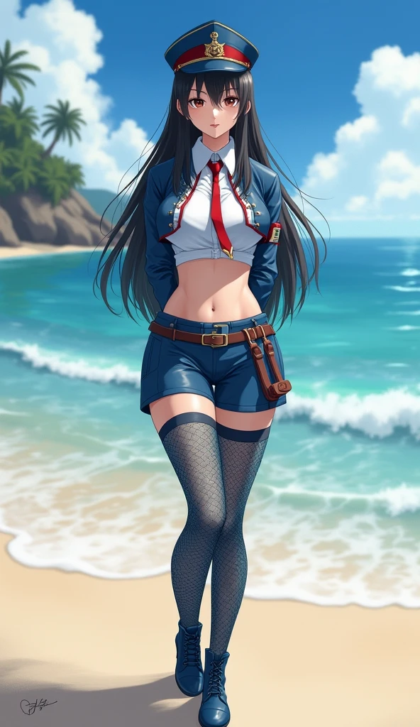 (High quality, masterpieces, realistic depiction), One Japanese girl standing with her leg split, Hands clasped behind head with holding up, Black long hair, Brown eyes, Beautiful face, Midnight-blue military cap, Midnight-blue leather short military-style bolero with long sleeves, A white crop top shirt with a red narrow tie, Big breasts, bare in her abdomen, Exposing skin around navel, Low waist short pants made of midnight-blue leather with a belt, Python skin pattern stockings covering whole legs, Short boots made of midnight-blue enamel, At deserted Island Beach, dazzling summer day