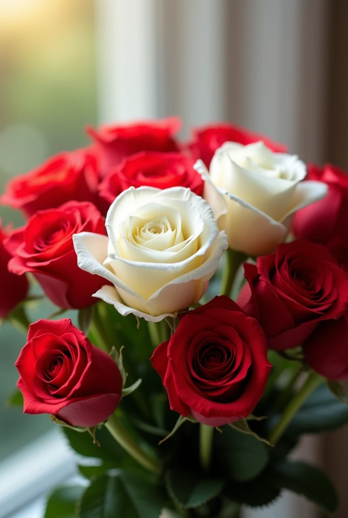 I want a picture of a bouquet of roses...I want there to be 3 white roses in the middle of the bouquet and then around those 3 white roses I want there to be 14 red roses