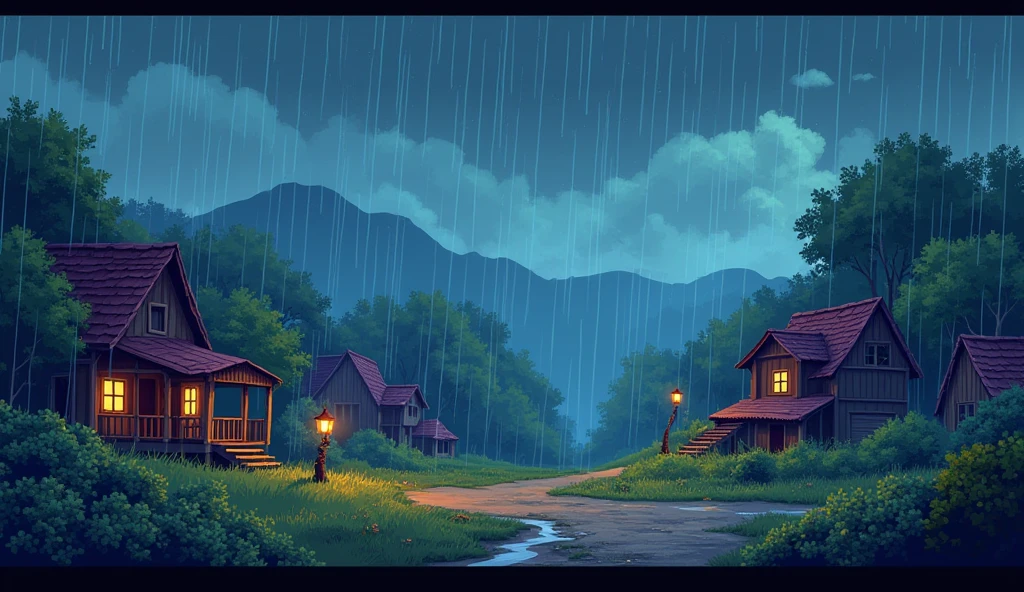 pixel image, RPG game screen, Village in the rain