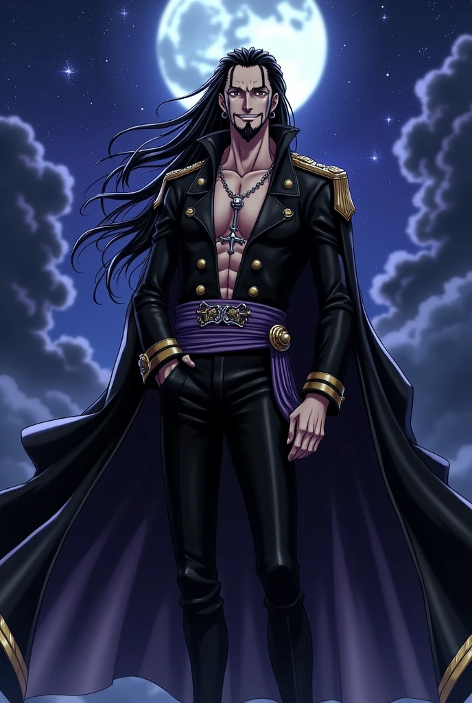 create an one piece with the anime desingn character who is one of the admirals, but he has the yami yam no mi fruit (dark dark). he have black long hair, earing, white, a goatee. he have a upside down cross silver chain, earring, hes with the marine cape (with silver instead of gold) and his black outfit (it does have some purple too) and hes hitting a tuff pose, the accessories are silver, and the background is the moon night