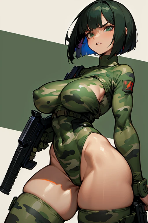Cuberpunk, thick hips, thick thighs, high heel boots, high cut leotard, huge breast, thin waist, bob cut hair, weapon, tanned skin, gun, angry look, military camouflage, scream, thick body,
