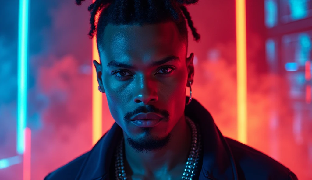"Create a thumbnail for a music video with a style similar to Chris Brown's official channel. The main image should show the artist in a striking and confident pose, with a clear focus on the face and expression. The background should be visually dynamic, using vibrant color gradients or a modern design that matches the artist's aesthetic. Add subtle graphics, such as stylized borders or small icons, to enrich the look without overloading. Make sure the design is eye-catching and captures the artist's energy and style."