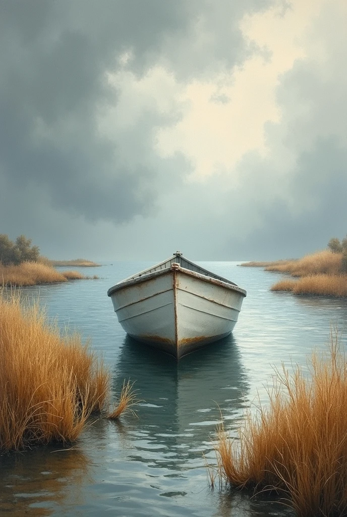 A painting of a small white boat surrounded by dry vegetation and a cloudy sky, the boat facing forward