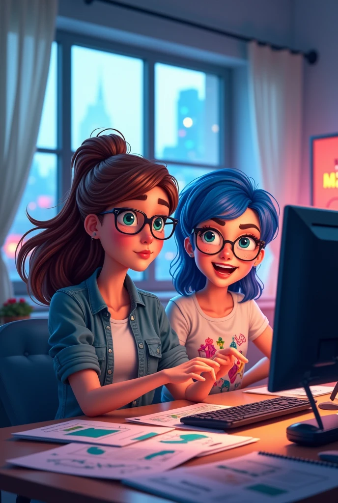 Two animated women next to a computer analyzing graphics