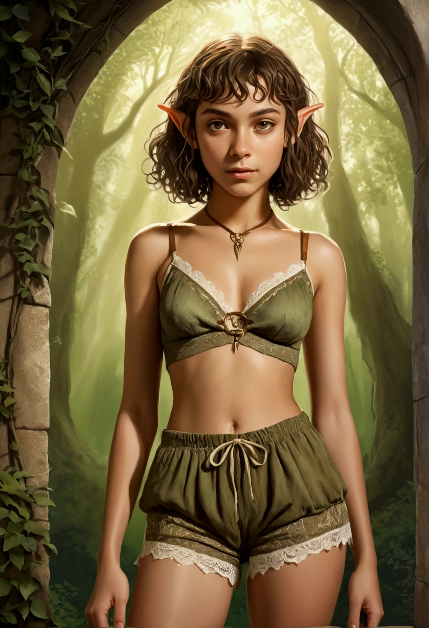 An illustrated movie poster, hand-drawn, full color, a age elven girl, wearing a lace bralette and bloomer shorts, tall, toned, slender hourglass figure, long pointy elf ears, light hazel eyes, dark hair, short curly bob, deep sun-tanned skintone, brown complexion, freckles, standing in a sunny olive grove, wet clothes, graphite shading, stencil marks, airbrushed acrylic paint, masterpiece, in the style of the Lord of the Rings