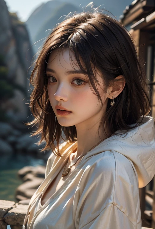 animation style, Dynamic pose, vivid silhouette, A vast outdoor setting with mysterious and beautiful nature., sunny day, natural light, Light and brightness. Shiny, rich platinum blonde_Full head of hair, long hair,Bangs falling over the forehead, (Hoodie, detailed details), Simple earrings, ring, necklace_Light reflection, (best quality, 4K, 8k, high resolution, masterpiece: 1.2), (perfect body, golden ratio, Unbelievable Physique, Upper body close-up angle), delicate eyes, Delicate lips and nose, clear skin, (highly detailed, realistic: 1.37), Cinematic soft lighting, dramatic mood lighting, vivid colors, subtle magic, fragile, cinematic, dramatic, great composition.