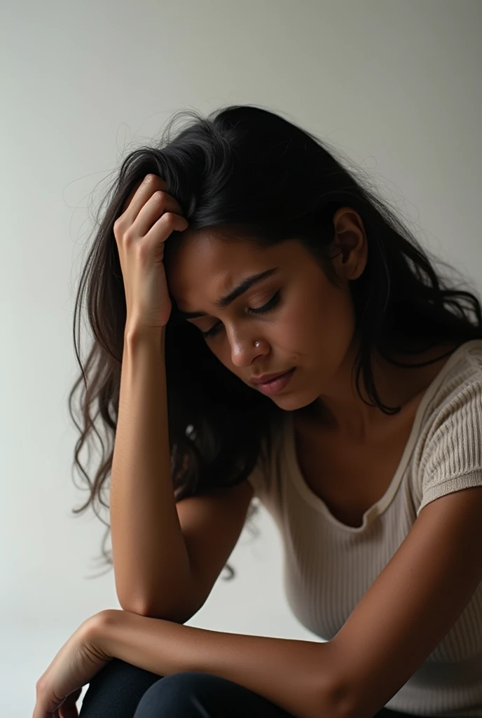 Young Brazilian woman sitting with her hand on her head, head down, sad and eyes closed, light background.
