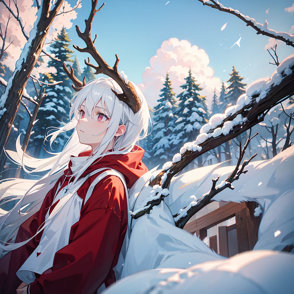 white hair boy,crimson eyes,deer antlers on the head with cracks that light up with sky blue while it is in the snow with a sunrise