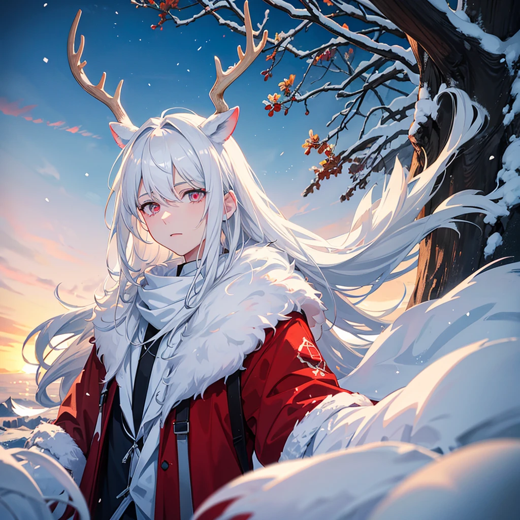 white hair boy,crimson eyes,deer antlers on the head with cracks that light up with sky blue while it is in the snow with a sunrise
